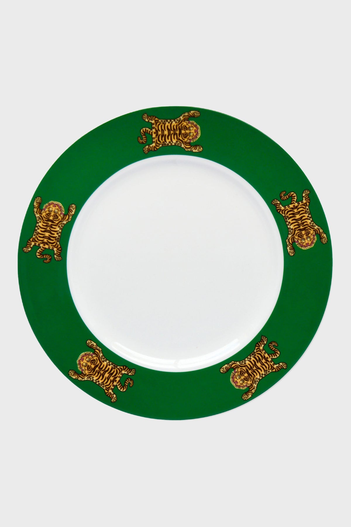 The Chefanie white bone china dinnerware plate features a green border and four Tibetan Tiger illustrations spaced evenly around the rim, making it a striking statement plate.