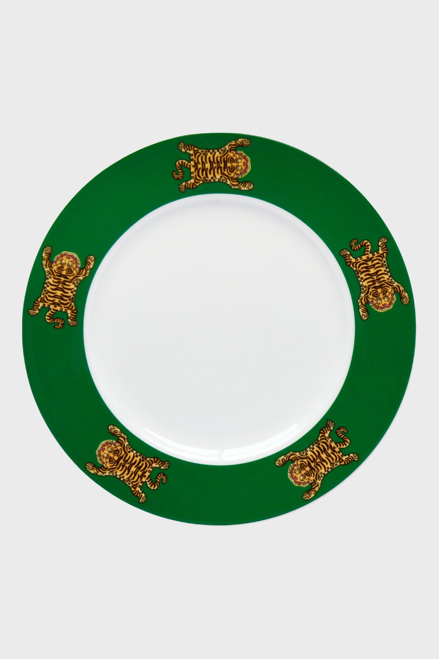 The Chefanie white bone china dinnerware plate features a green border and four Tibetan Tiger illustrations spaced evenly around the rim, making it a striking statement plate.