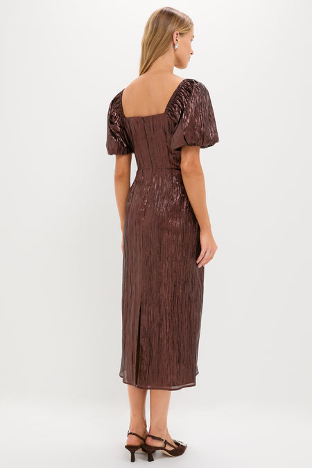 Bronze Metallic Plisse Gladys Puff Sleeve Midi Dress
