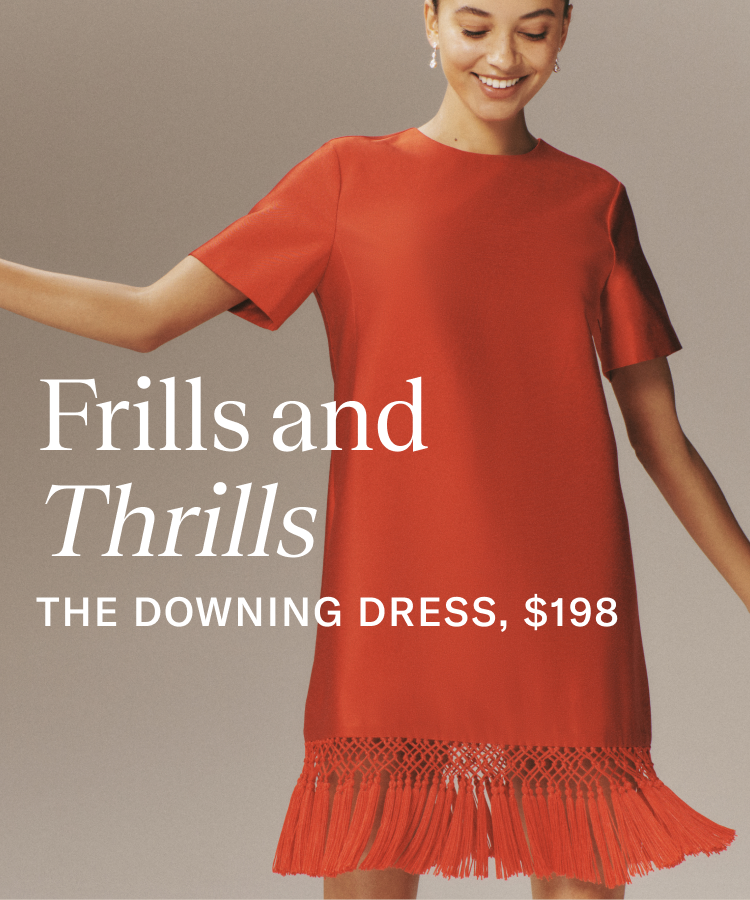 Woman in a red dress with tassels at the bottom. Copy on image reads frills and thrills, the downing dress, $198. 