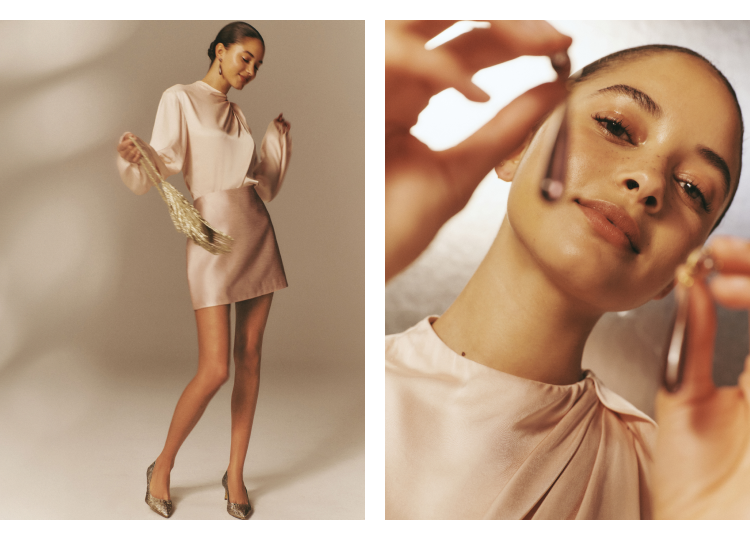 Image one: Woman in a blush pink top and mini skirt holding a gold beaded bag. Image two: Woman holding up earrings in a blush top. 