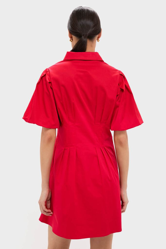 Red Mini Delaney Dress with classic, effortless style; features a spread collar, puff sleeves, and waist pleats for a fun, high-end look.