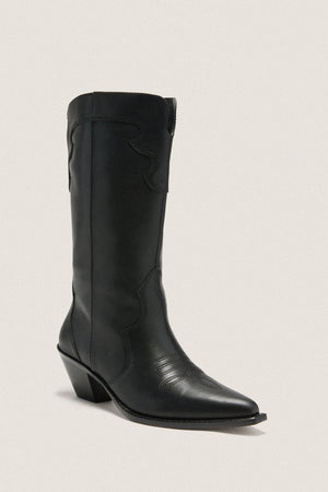 Black Leather Wilson Western Boots: Classic mid-calf cowboy boot with pointed toe, western stitching, slanted block heel, and effortless slip-on style, exuding high-end, fun charm.