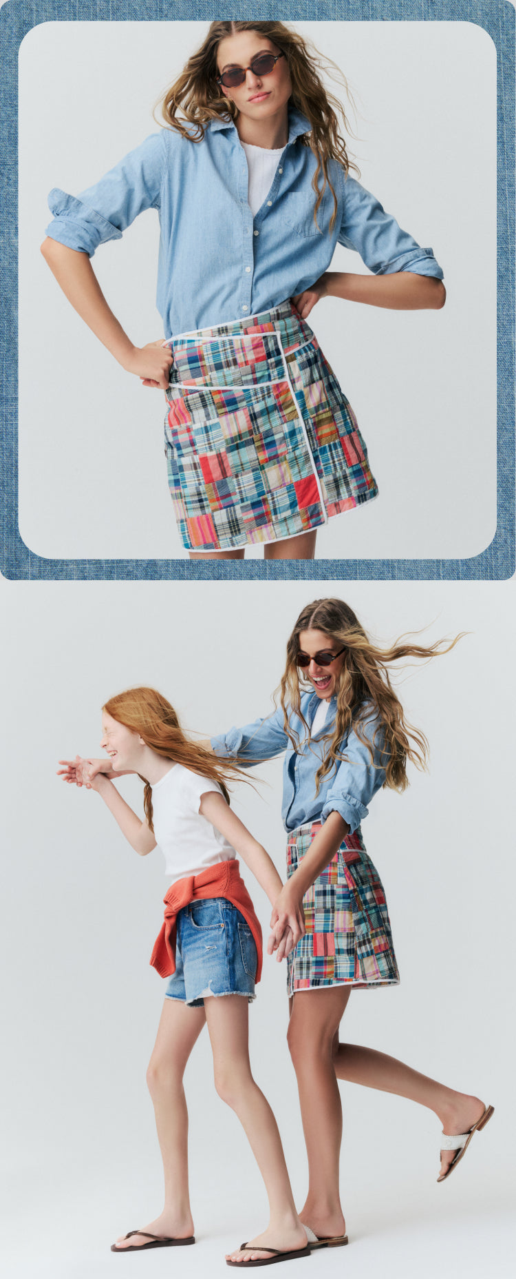 Top: Woman in front of a white background in a chambray button down and a madras mini skirt. Bottom: Woman and girl dancing in front of a white background. Girl in jean shorts and a white tee with a red sweater wrapped around her waist. Woman in chambray shirt and madras mini skirt. 
