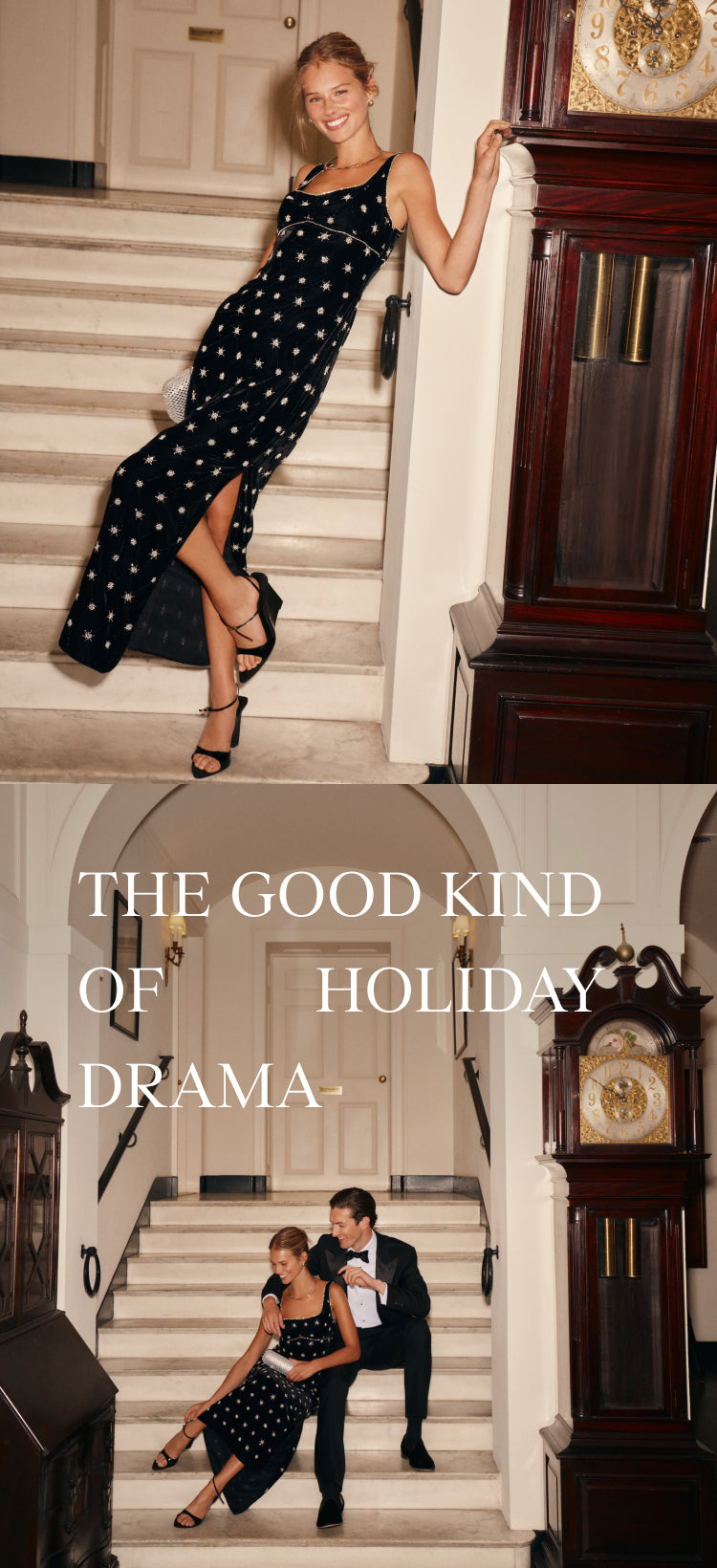On the top, a woman wearing a black, sleeveless midi dress featuring crystal embellishments, styled with black block heels and a silver crystal clutch. On the bottom, a man and woman sitting on marble steps wearing black party attire, featuring a sleeveless midi dress with crystal embellishments, black block heels, and a silver crystal clutch. The words 'THE GOOD KIND OF HOLIDAY DRAMA' are featured in the upper left-hand corner.