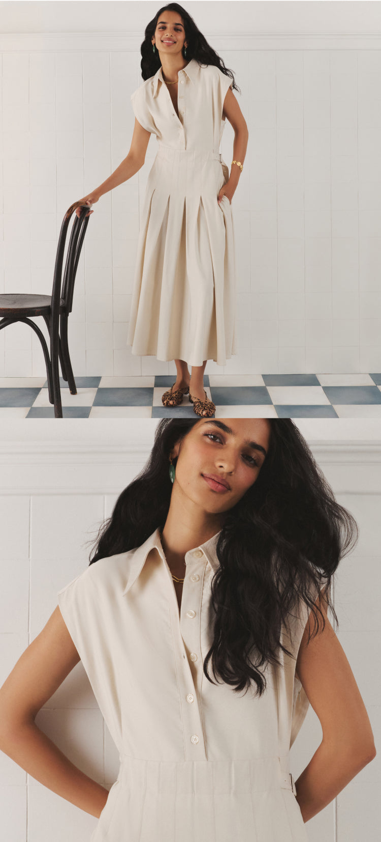 Woman in a cream dress with a collar and a pleated bottom. 