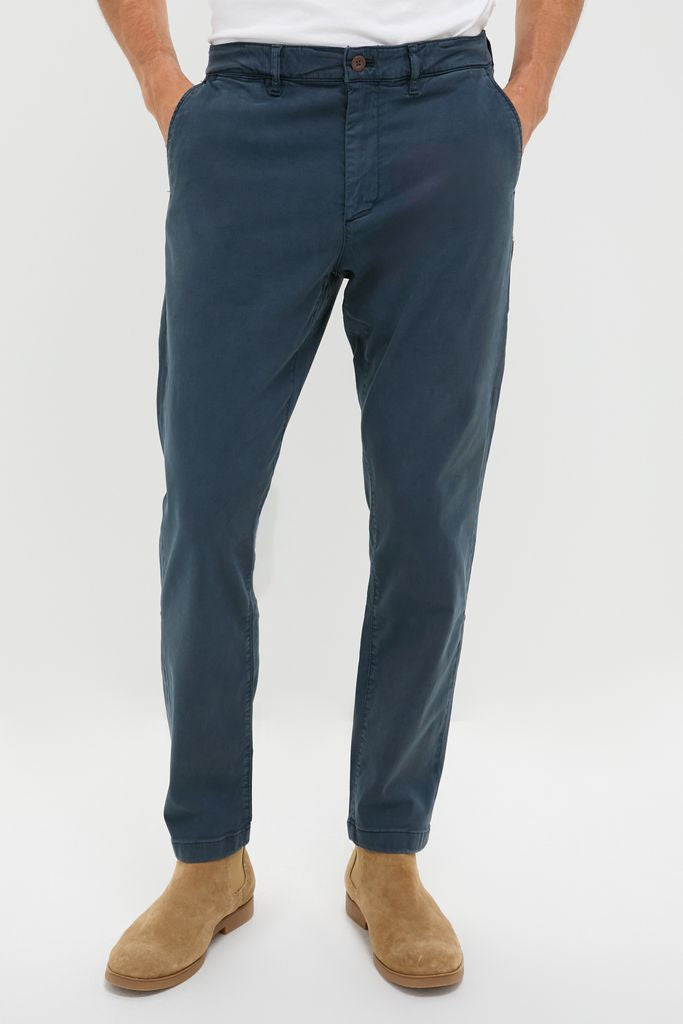 Classic, effortless style: Blue Nights Coastline Chino paired with tan suede Chelsea boots, showcasing high-end, fun fashion for everyday adventures.