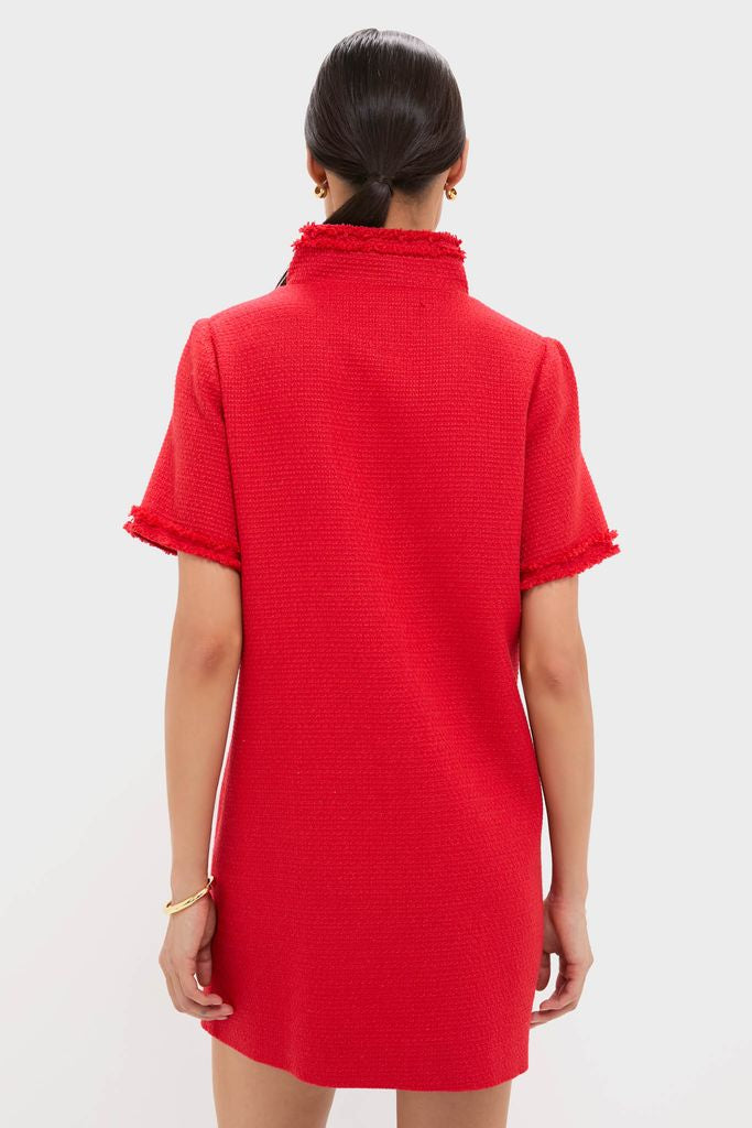 Back view of Red Tweed Ophelia Dress showcasing a classic, effortless shift silhouette with fringe details and four patch pockets, embodying high-end, fun style.