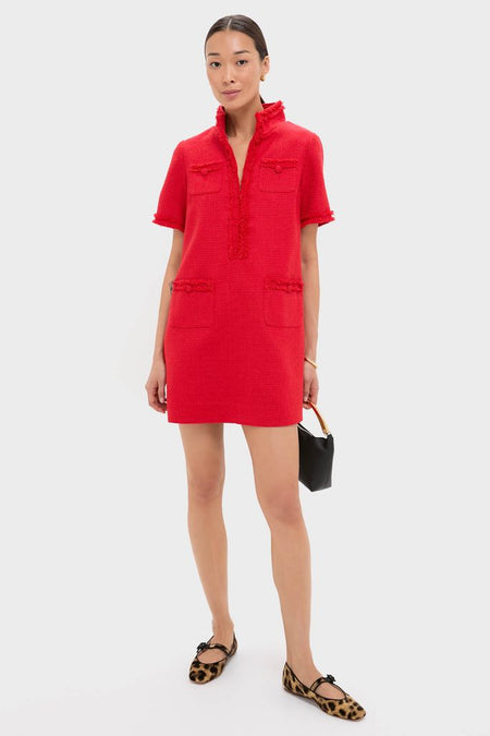 Model in Red Tweed Ophelia Dress, classic mini with frayed trim, patch pockets, and stand collar, styled with leopard flats and a chic black handbag. Effortless and fun.