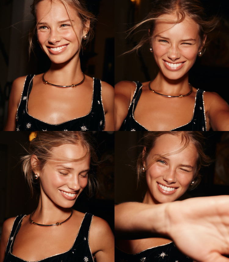 A grid of four images, featuring a woman wearing a sleeveless black dress with crystal embellishments, styled with a gold necklace and gold earrings.