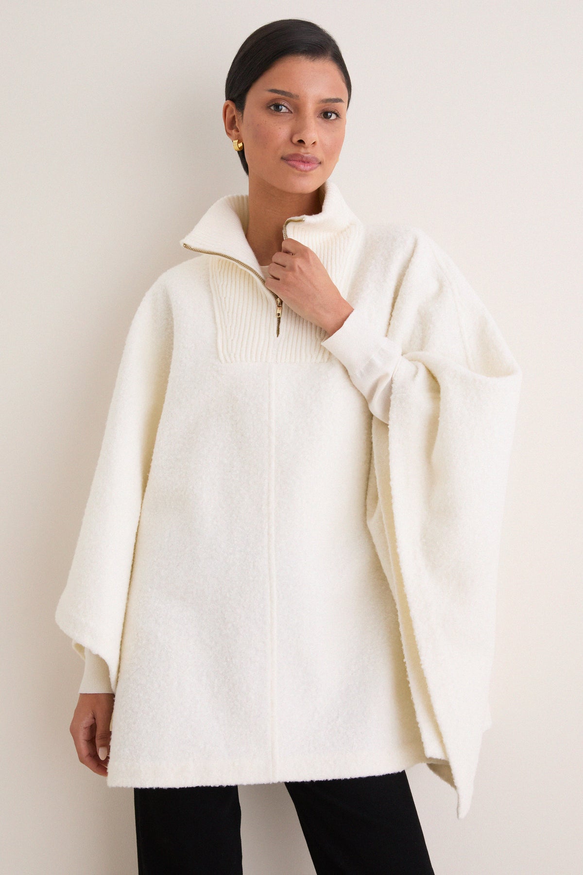 Winter White Boucle High-Neck Poncho