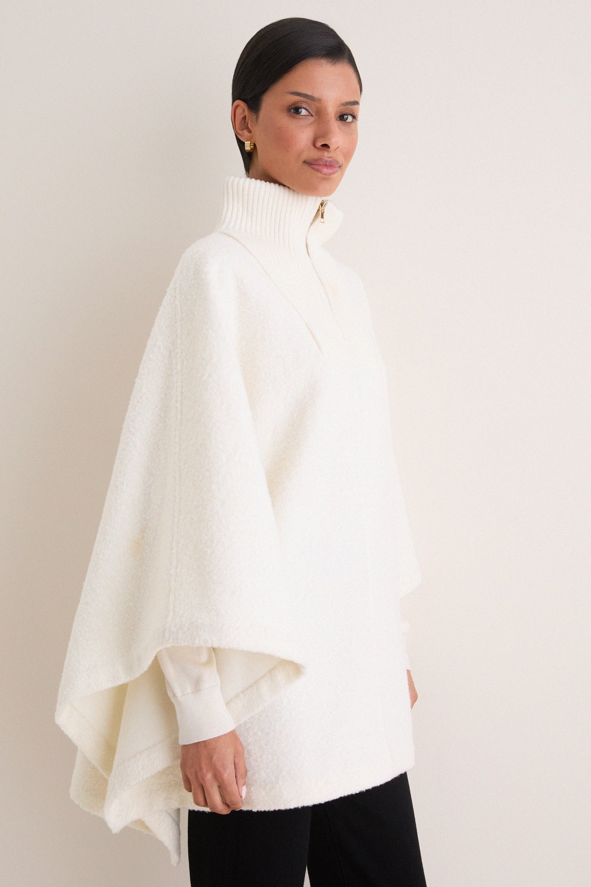Winter White Boucle High-Neck Poncho