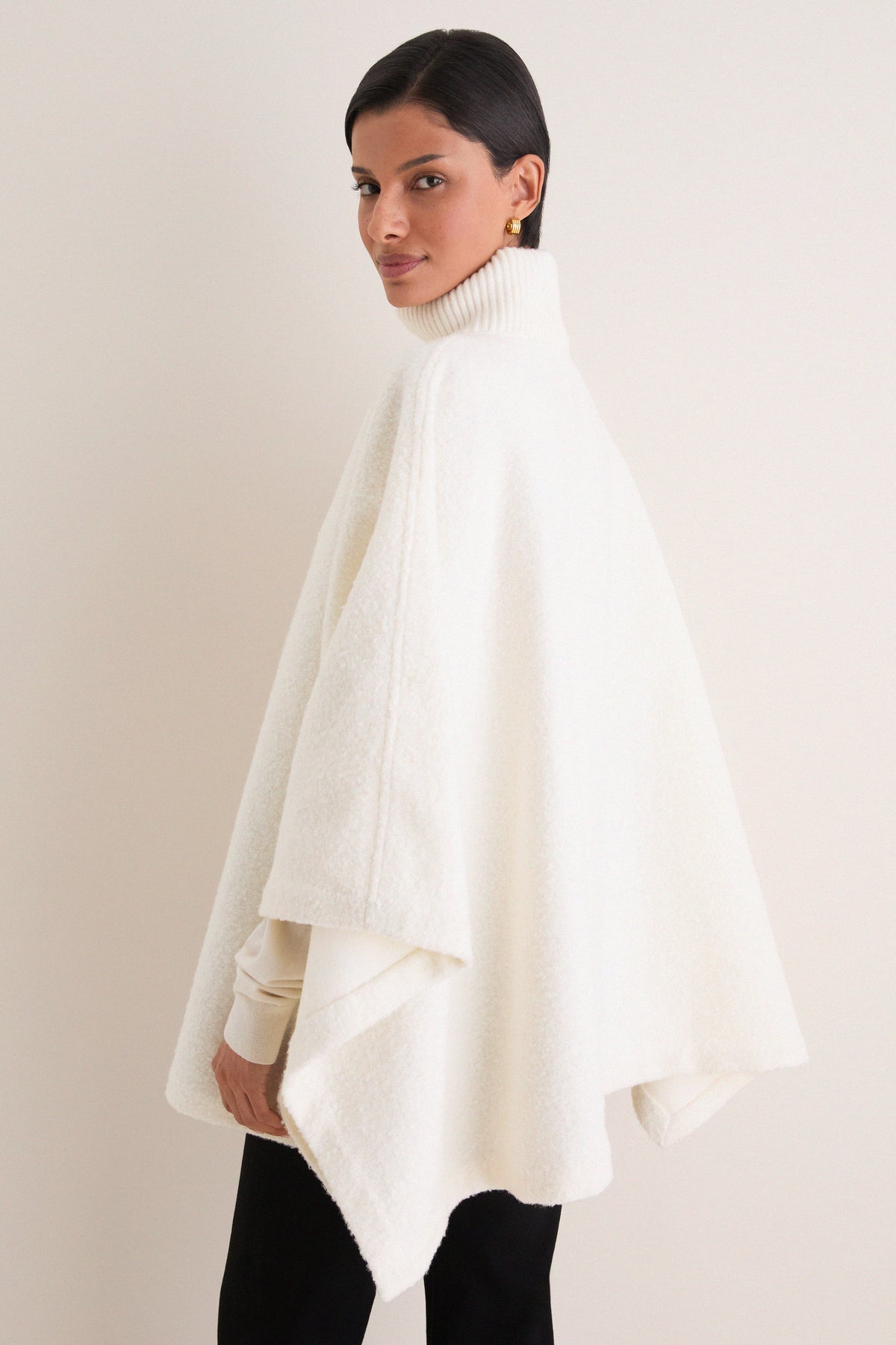 Winter White Boucle High-Neck Poncho
