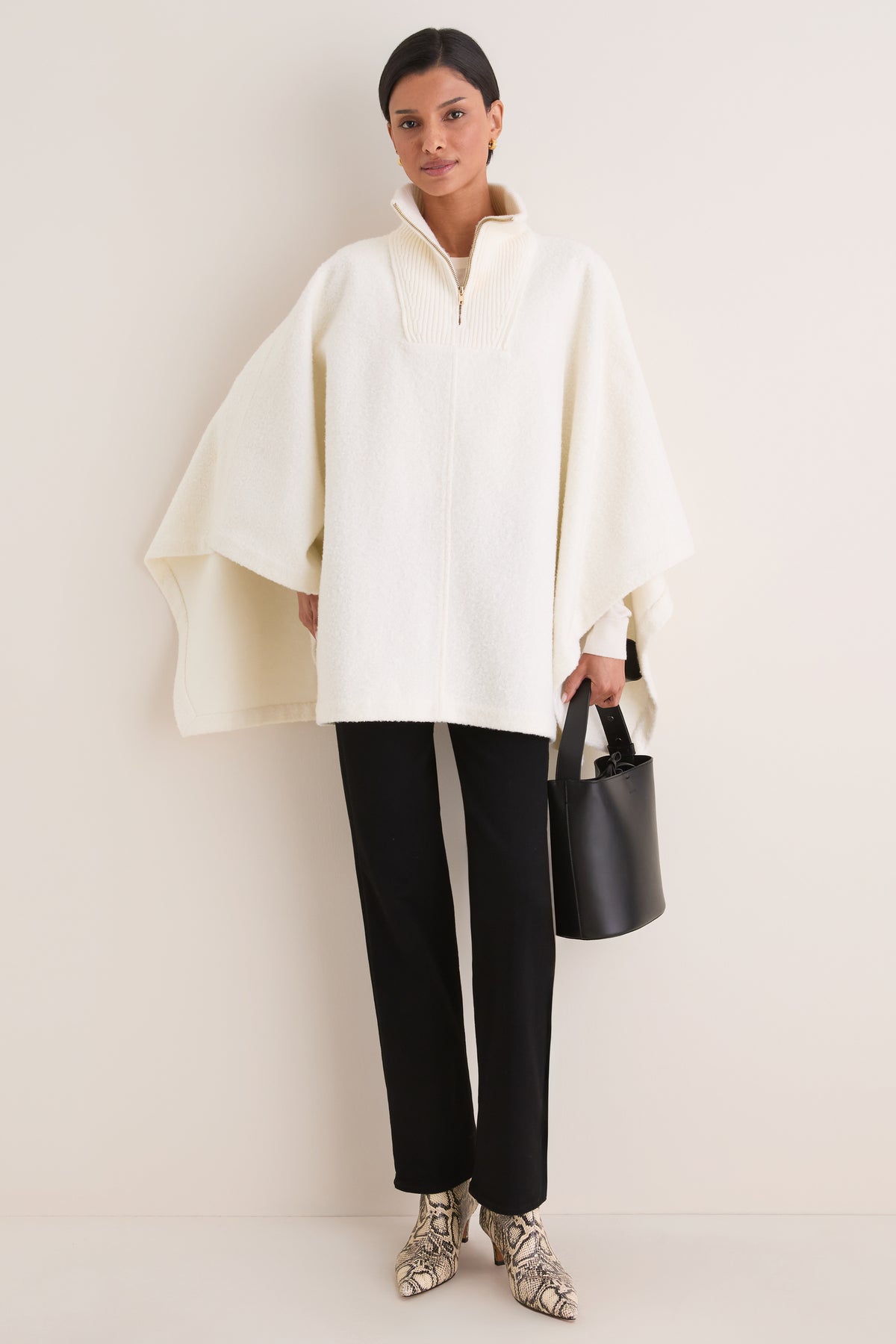 Winter White Boucle High-Neck Poncho