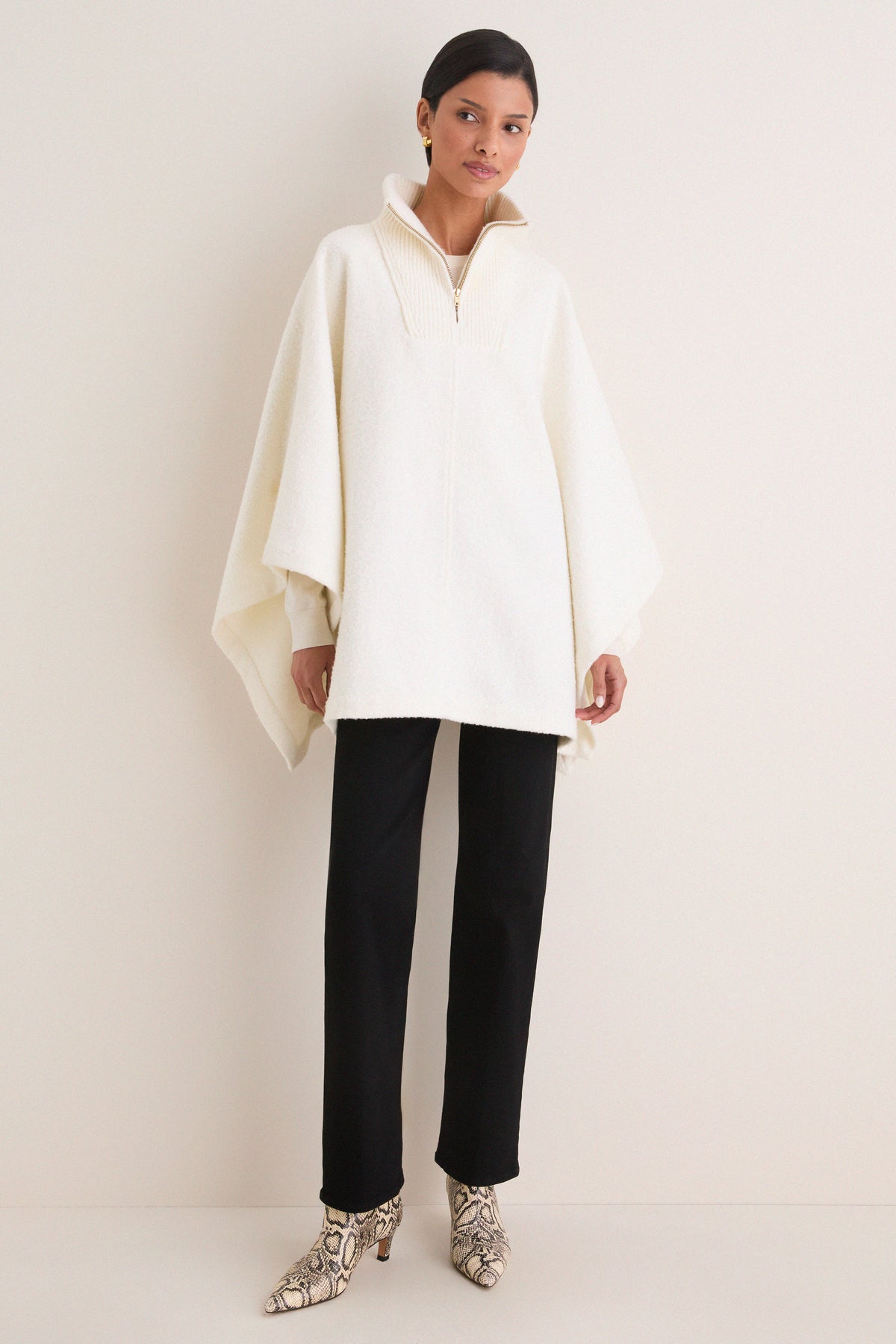 Winter White Boucle High-Neck Poncho
