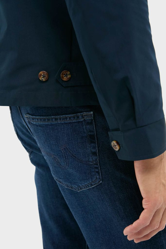 Classic Navy Blue Stanley Jacket with brown button details, effortlessly styled for modern wear. Ideal for high-end versatility and fun, timeless fashion.