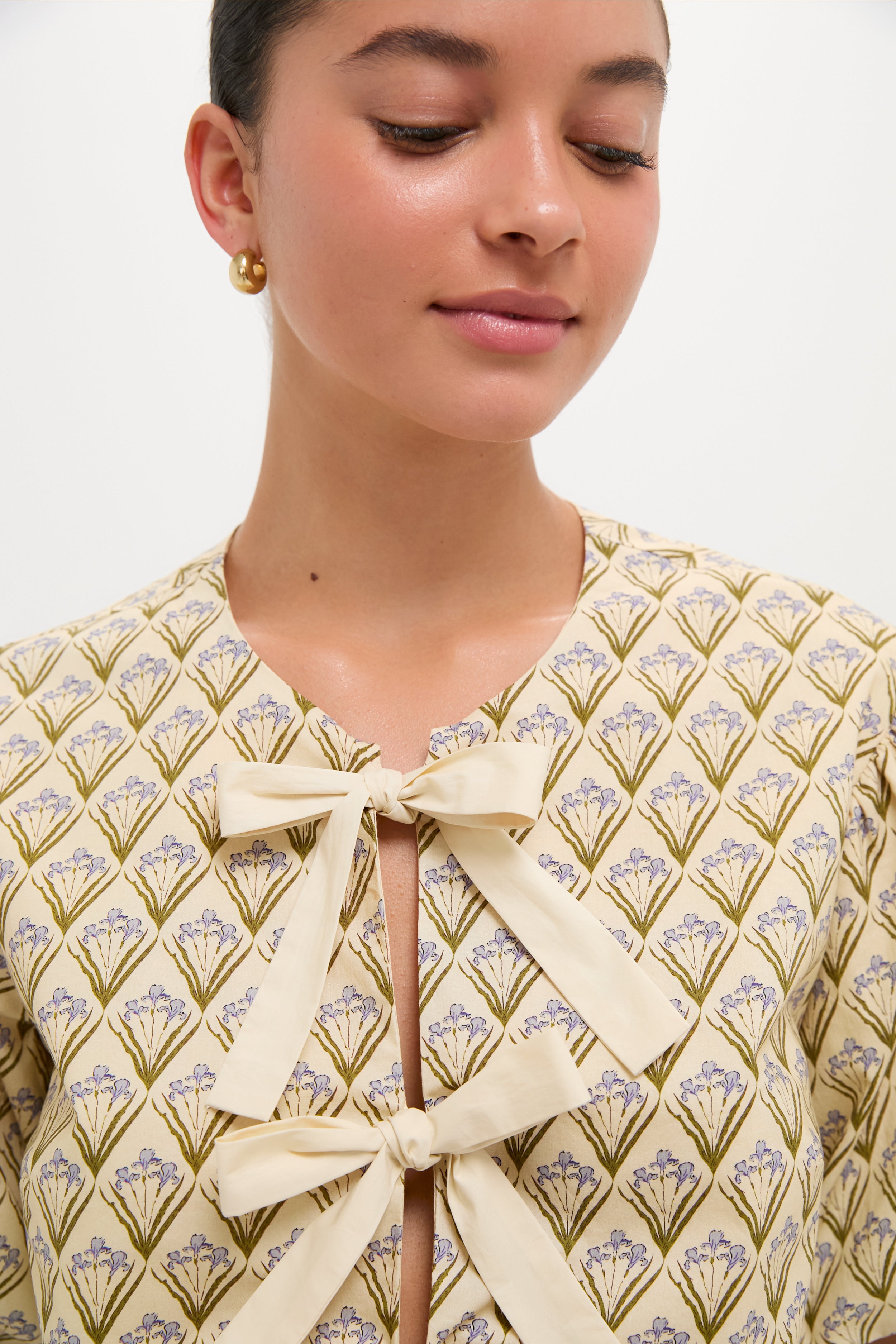 Beige Trellis Floral Tie Crossvine Blouse