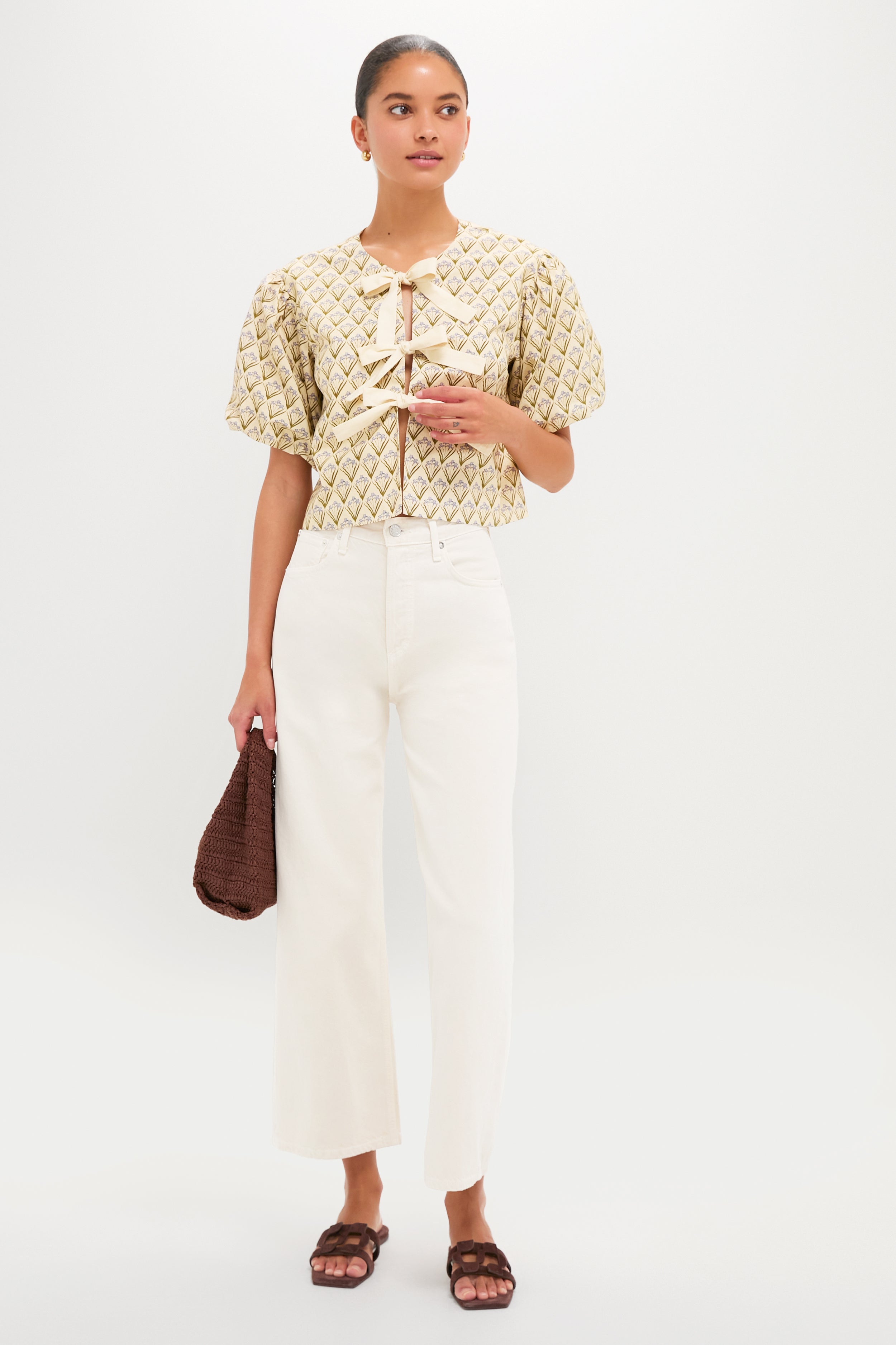 Beige Trellis Floral Tie Crossvine Blouse | Hyacinth House