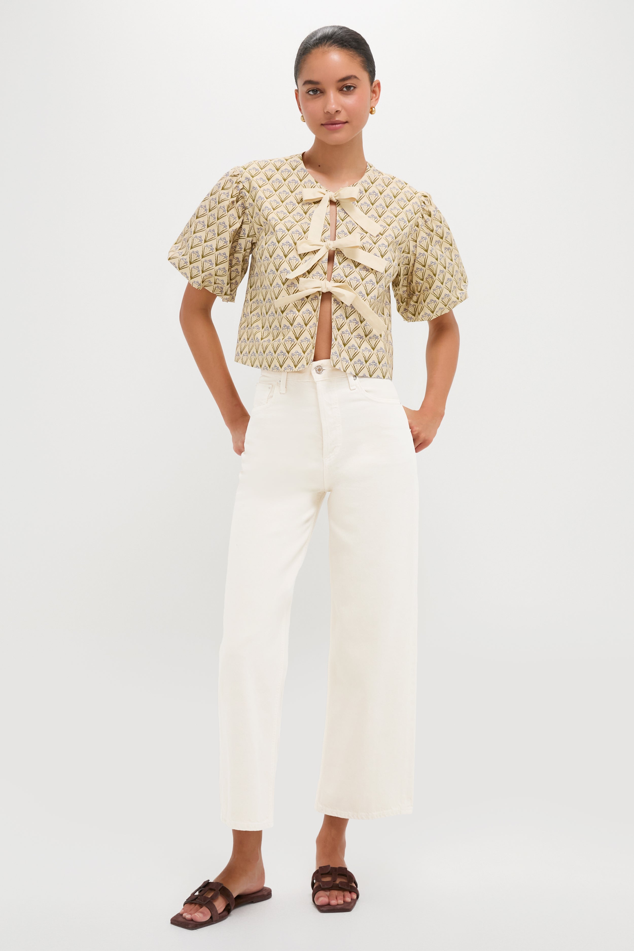 Beige Trellis Floral Tie Crossvine Blouse