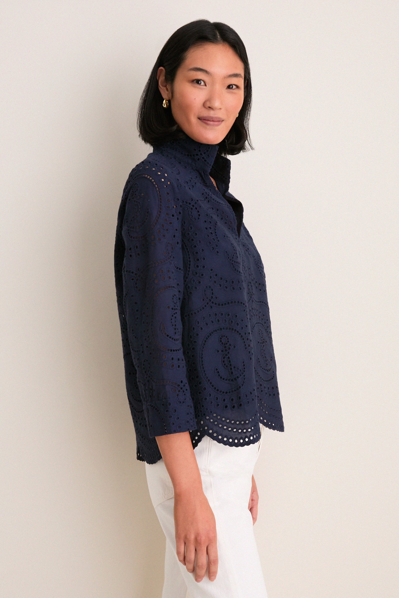 Navy Nautical Eyelet Margot Stand Collar Blouse | Tuckernuck