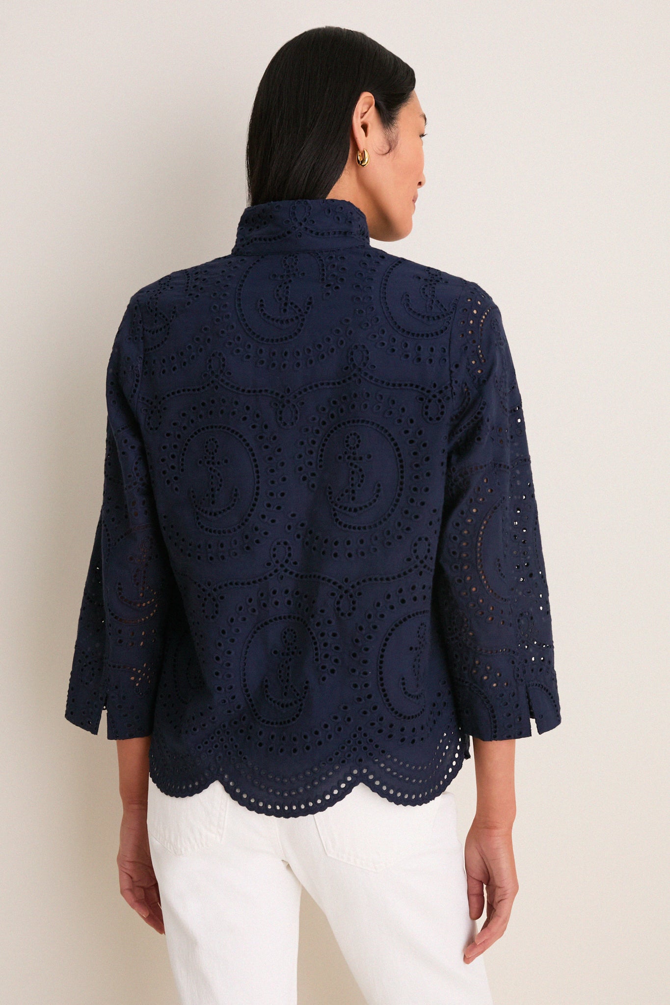 Navy Nautical Eyelet Margot Stand Collar Blouse | Tuckernuck