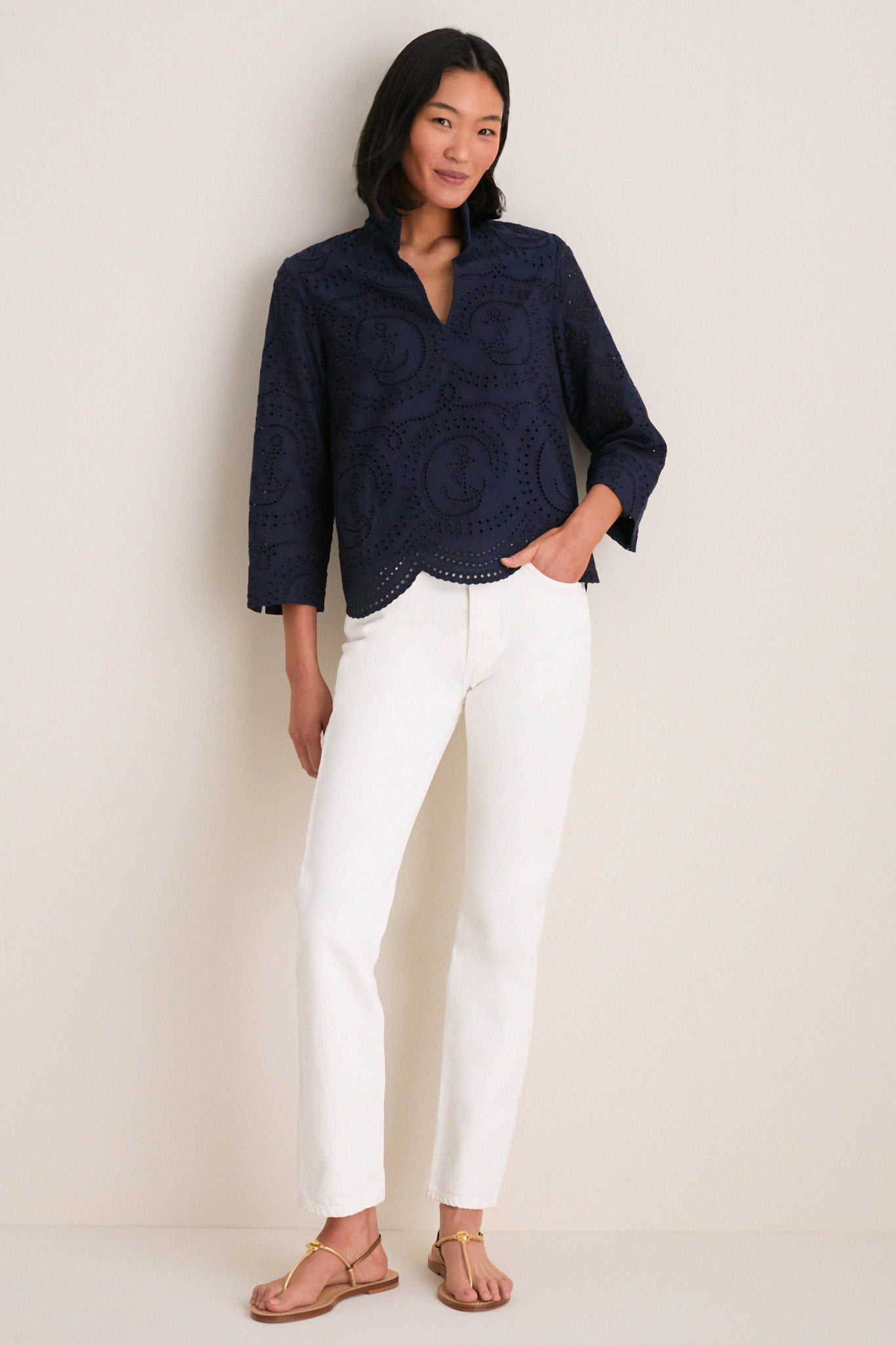 Navy Nautical Eyelet Margot Stand Collar Blouse | Tuckernuck