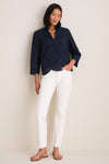 Navy Nautical Eyelet Margot Stand Collar Blouse