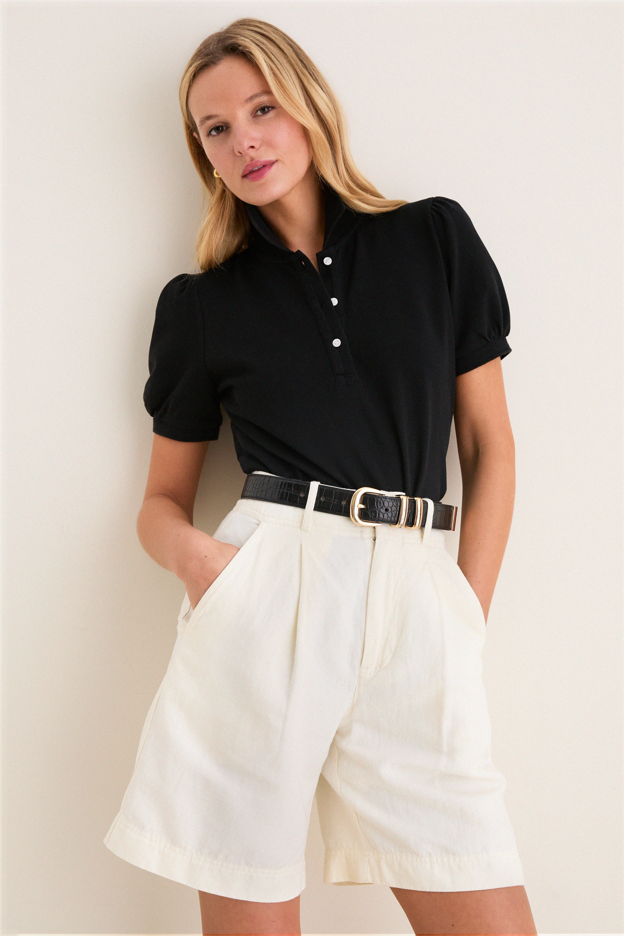 Black Pique Puff Sleeve Peggy Polo