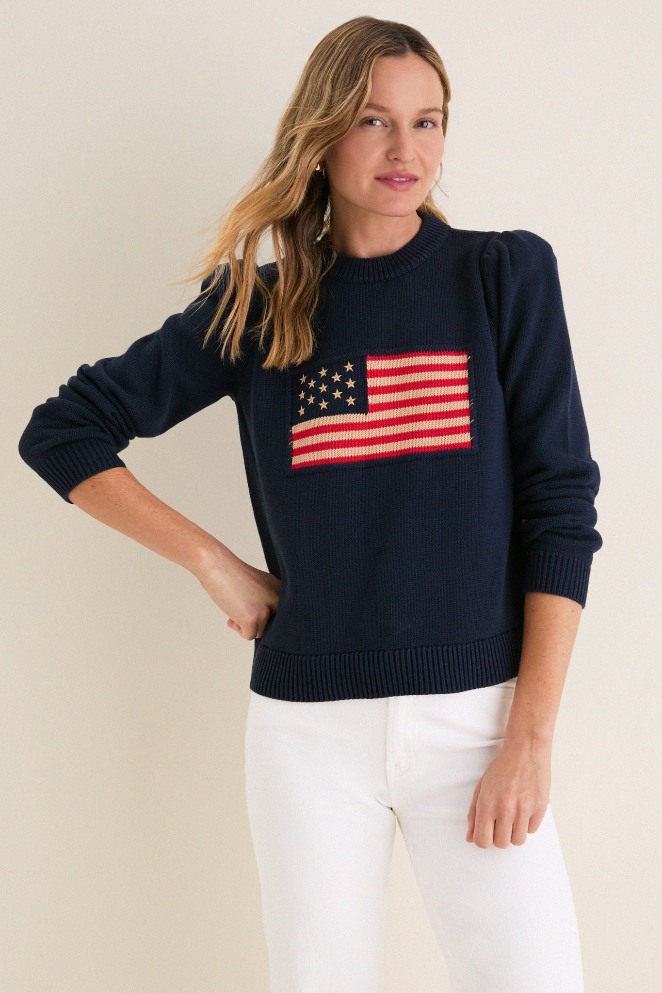 Navy Cropped Cotton Puff Sleeve Americana Sweater | Tuckernuck