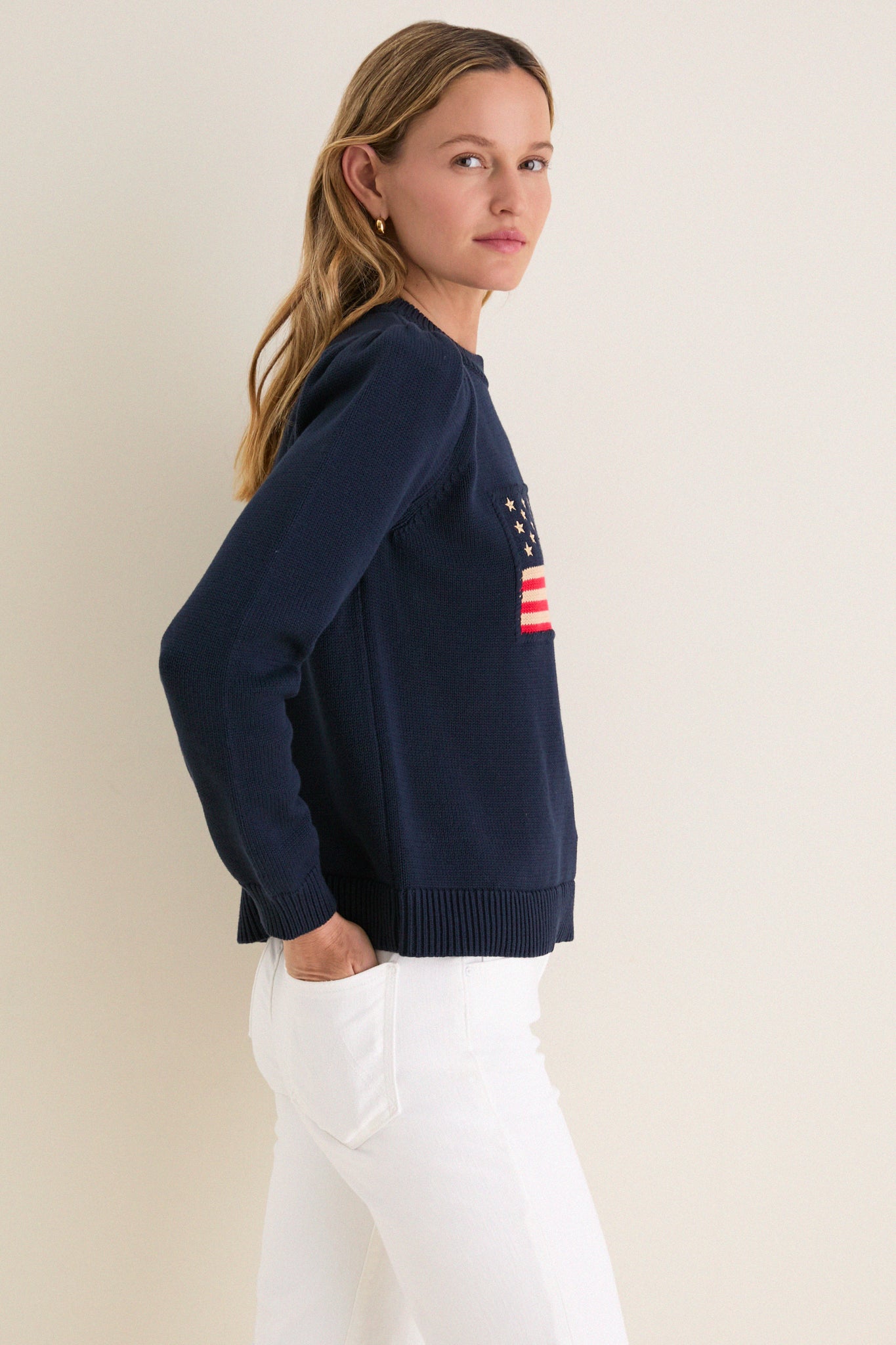 Navy Cropped Cotton Puff Sleeve Americana Sweater