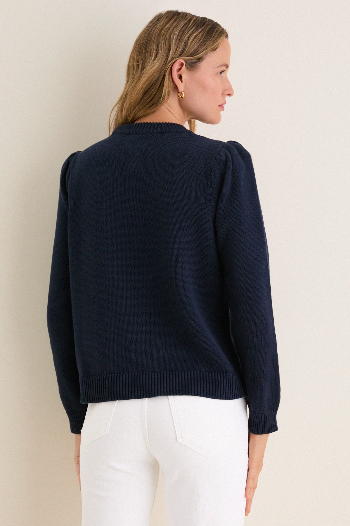 Navy Cropped Cotton Puff Sleeve Americana Sweater