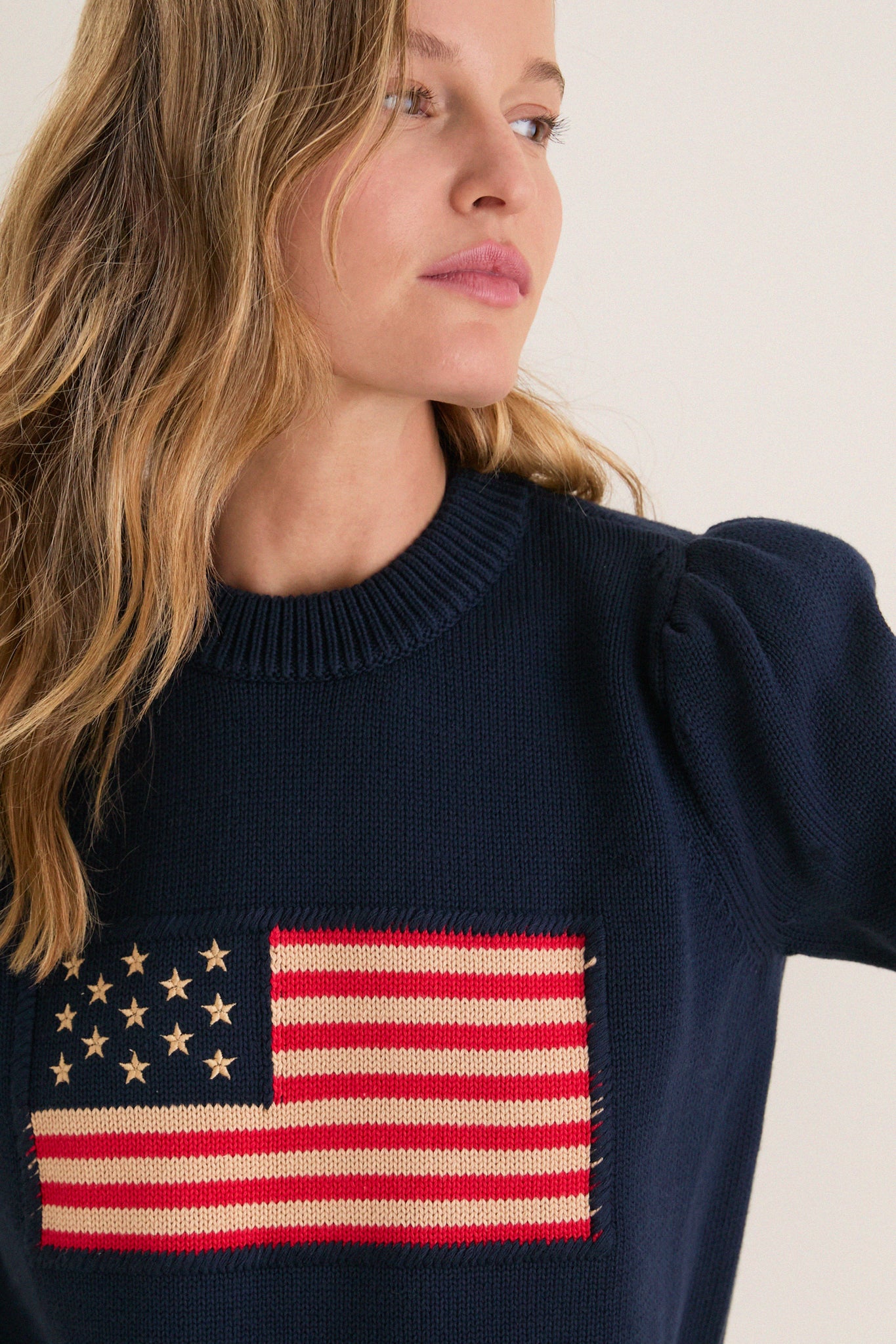 Navy Cropped Cotton Puff Sleeve Americana Sweater
