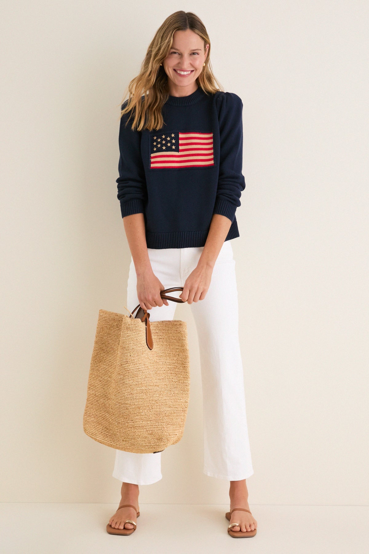 Navy Cropped Cotton Puff Sleeve Americana Sweater
