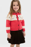 Young girl wears the Red Lamb Sweater, featuring classic sheep patterns and an effortless button front, paired with a fun corduroy skirt for a high-end look.