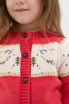 Child wearing the classic Red Lamb Sweater with playful sheep motifs and a ribbed button placket, effortlessly combining fun and high-end style.