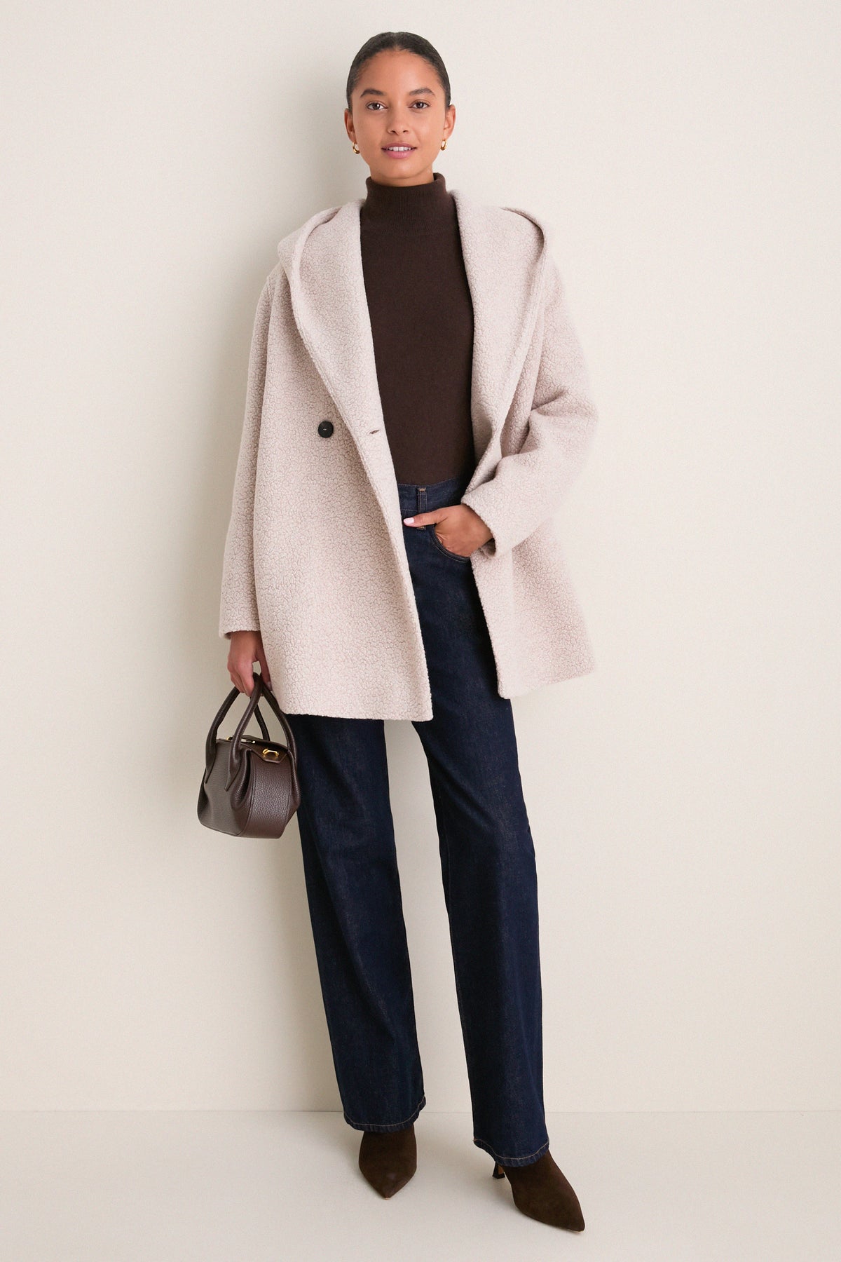 Almond Hooded Double Breasted Boucle Jacket