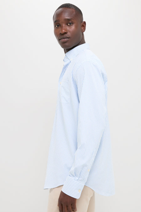 Man models the classic Cottage Blue Hanford Performance Twill Sport Shirt, showcasing its effortless, high-end style with long sleeves, button-down collar, and moisture-wicking, sun-protective fabric.