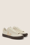 Pierre Almond Eagle Campo Bold Sneakers in off-white suede with dark brown soles, featuring a classic Veja V logo. Effortless and fun, perfect for high-end casual wear.