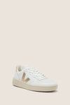 Extra White Platine V-10 Sneakers: Classic white leather sneakers with a metallic gold V logo, chunky sole, and padded collar for effortless, high-end style and comfort.