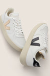 Veja Extra White Platine V-10 Sneakers with chic off-white leather, metallic rose-gold and black logos. Classic, effortless design, perfect for a fun, high-end casual look.