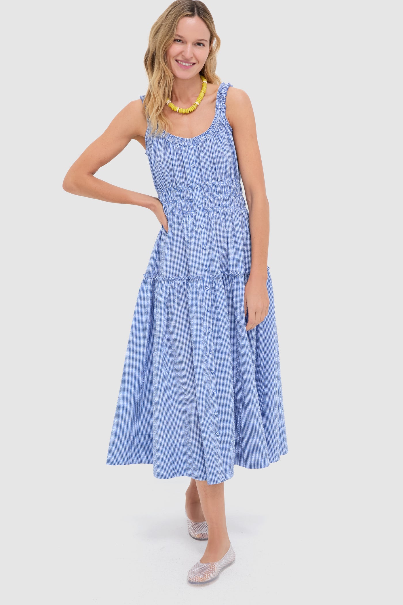 seersucker maxi dress Tuckernuck Blue and White Gingham Landis Blue Micro Gingham / L with a chic V Sequin Night Club Dresses Size:3XS_2-4 Satin Gown