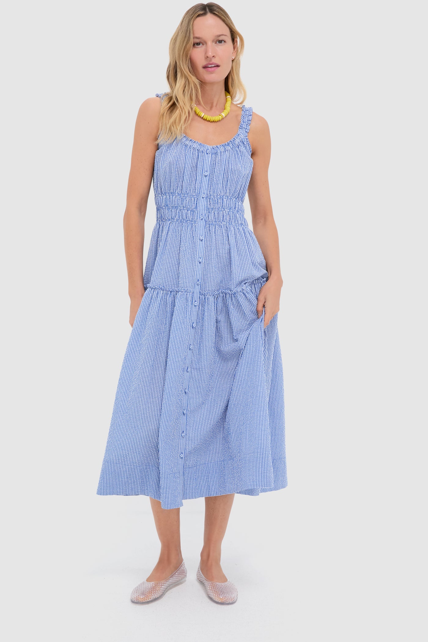 Blue and White Gingham Seersucker Landis Maxi Dress