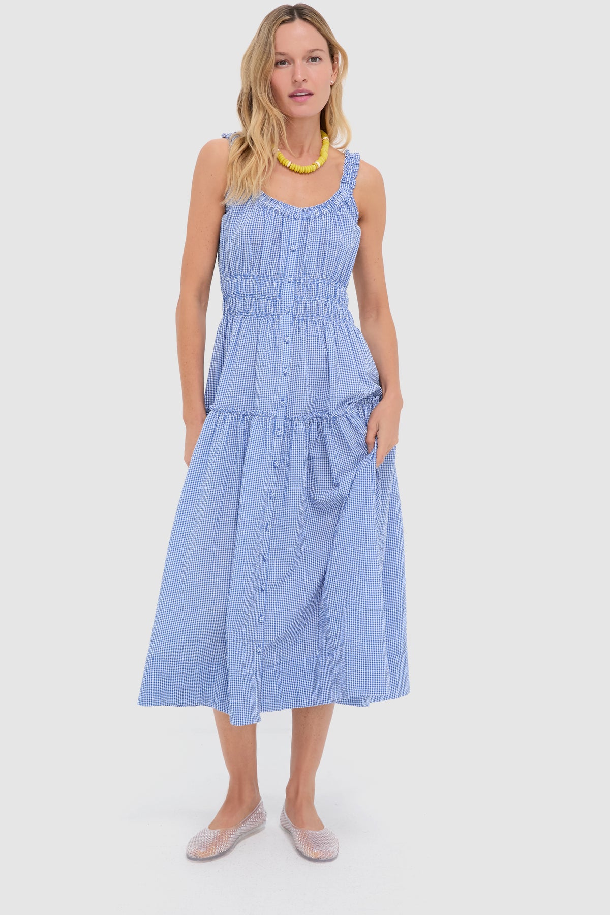 Blue and White Gingham Seersucker Landis Maxi Dress