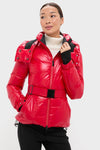 Woman modeling the classic Red Candice Ski Parka, showcasing its effortless, high-end design with a built-in belt, quilted texture, and practical ski-ready features.
