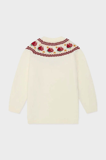 Ivory Grenada Fair Isle Merino Wool Girl Jumper, featuring a classic round yoke with intricate strawberry motifs, offers an effortless, high-end style with blouson sleeves.