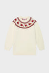 Ivory Grenada Fair Isle Merino Wool Girl Jumper: A classic, effortless knit sweater featuring playful strawberry motifs, blouson sleeves, and a high-end, fun design, perfect for everyday elegance.