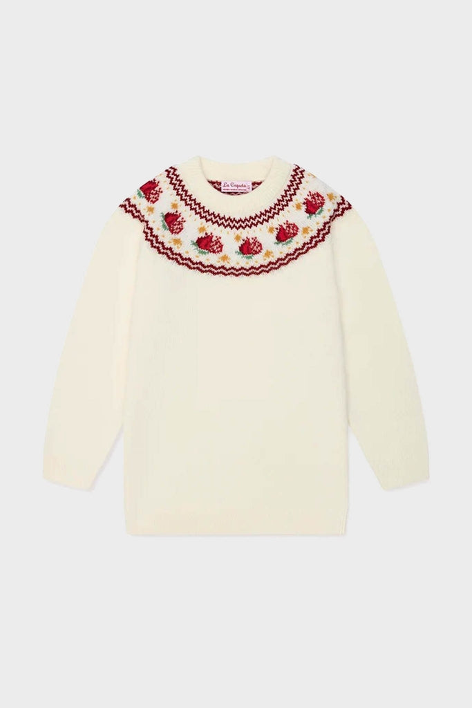 Ivory Grenada Fair Isle Merino Wool Girl Jumper: A classic, effortless knit sweater featuring playful strawberry motifs, blouson sleeves, and a high-end, fun design, perfect for everyday elegance.