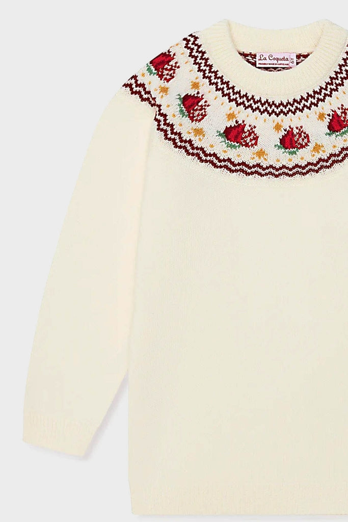 Ivory Grenada Fair Isle Merino Wool Girl Jumper with classic strawberry and leaf motif, combines effortless elegance and fun in a high-end, breathable knit.