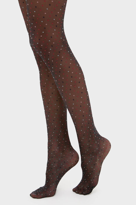 Black and Red Multicolored Dot Tights: sheer, high-end pantyhose with classic red, light blue, and gray dots, offering an effortless, fun style suitable for any confident look.