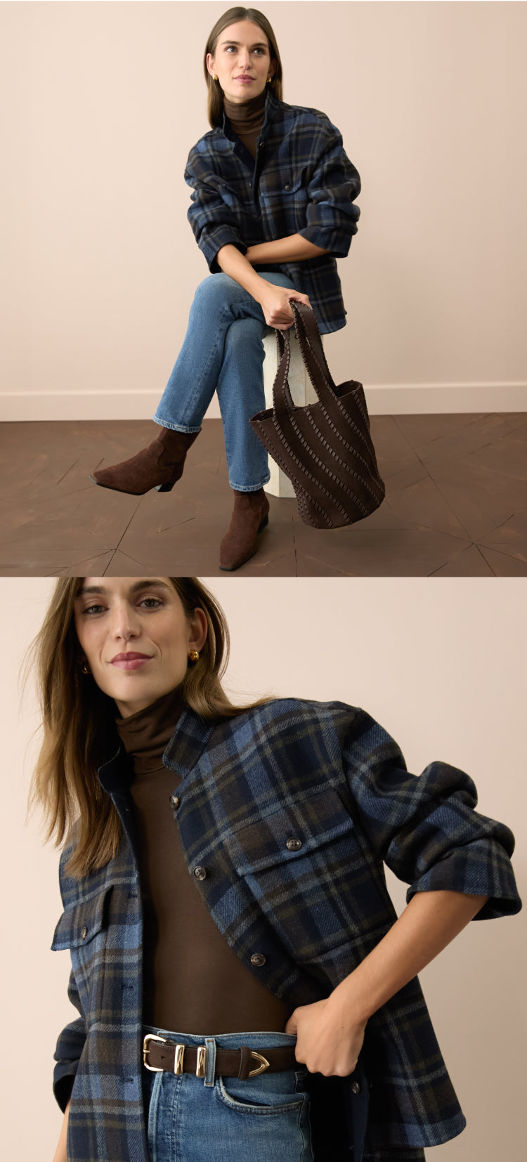 Woman in a blue and brown plaid jacket, a brown turtleneck, and jeans. 